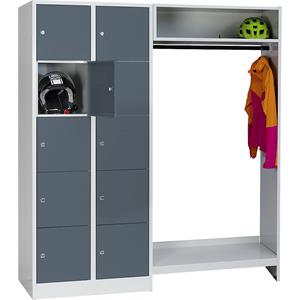 Wolf Privé-vakkenkast systeem, 10 vakken links, 10 kleerhangers, totale breedte 1670 mm, vakbreedte 398 mm, basaltgrijs/lichtgrijs