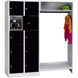 Wolf Privé-vakkenkast systeem, 10 vakken links, 10 kleerhangers, totale breedte 1670 mm, vakbreedte 398 mm, gitzwart/lichtgrijs