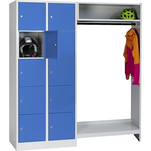 Wolf Privé-vakkenkast systeem, 10 vakken links, 10 kleerhangers, totale breedte 1670 mm, vakbreedte 398 mm, lichtblauw/lichtgrijs