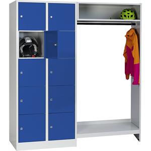 Wolf Privé-vakkenkast systeem, 10 vakken links, 10 kleerhangers, totale breedte 1670 mm, vakbreedte 398 mm, gentiaanblauw/lichtgrijs