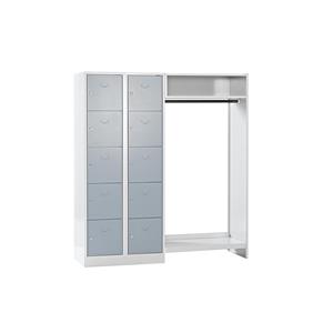 Wolf Privé-vakkenkast systeem, 10 vakken links, 10 kleerhangers, totale breedte 1670 mm, vakbreedte 398 mm, zilvergrijs/lichtgrijs