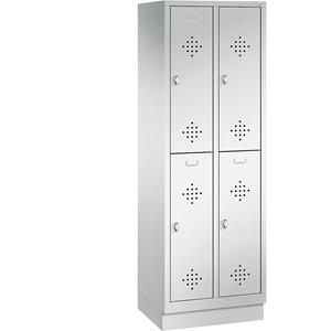 C+P CLASSIC Garderobenschrank mit Sockel, doppelstöckig, 2 Abteile, je 2 Fächer, Abteilbreite 300 mm, lichtgrau