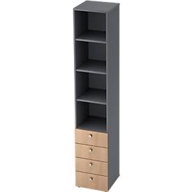 Combinatiekast TOPAS LINE, 6 dossierhoogtes, legborden + 4 laden, grafiet/eiken