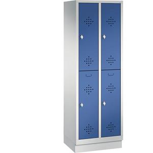 C+P CLASSIC Garderobenschrank mit Sockel, doppelstöckig, 2 Abteile, je 2 Fächer, Abteilbreite 300 mm, lichtgrau / enzianblau