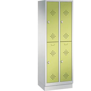 C+P CLASSIC Garderobenschrank mit Sockel, doppelstöckig, 2 Abteile, je 2 Fächer, Abteilbreite 300 mm, lichtgrau / viridingrün