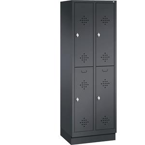 C+P CLASSIC Garderobenschrank mit Sockel, doppelstöckig, 2 Abteile, je 2 Fächer, Abteilbreite 300 mm, schwarzgrau