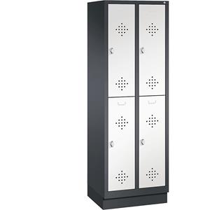 C+P CLASSIC Garderobenschrank mit Sockel, doppelstöckig, 2 Abteile, je 2 Fächer, Abteilbreite 300 mm, schwarzgrau / verkehrsweiß