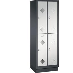 C+P CLASSIC Garderobenschrank mit Sockel, doppelstöckig, 2 Abteile, je 2 Fächer, Abteilbreite 300 mm, schwarzgrau / lichtgrau