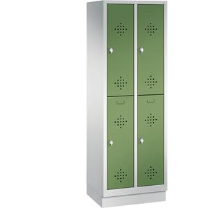 C+P CLASSIC Garderobenschrank mit Sockel, doppelstöckig, 2 Abteile, je 2 Fächer, Abteilbreite 300 mm, lichtgrau / resedagrün