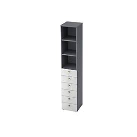 Combinatiekast TOPAS LINE, 6 dossierhoogtes, legborden + 6 laden, grafiet/wit