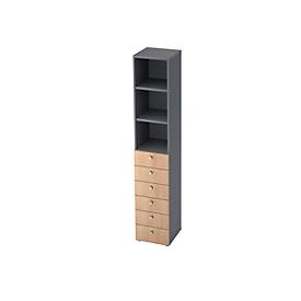Combinatiekast TOPAS LINE, 6 dossierhoogtes, legborden + 6 laden, grafiet/eiken