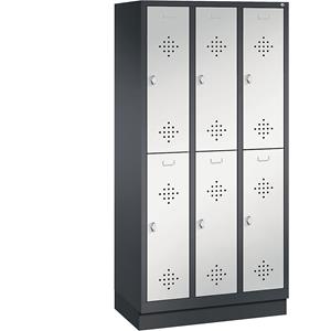C+P CLASSIC Garderobenschrank mit Sockel, doppelstöckig, 3 Abteile, je 2 Fächer, Abteilbreite 300 mm, schwarzgrau / lichtgrau