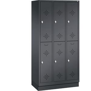 C+P CLASSIC Garderobenschrank mit Sockel, doppelstöckig, 3 Abteile, je 2 Fächer, Abteilbreite 300 mm, schwarzgrau