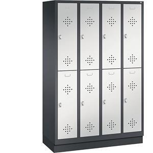 C+P CLASSIC Garderobenschrank mit Sockel, doppelstöckig, 4 Abteile, je 2 Fächer, Abteilbreite 300 mm, schwarzgrau / lichtgrau