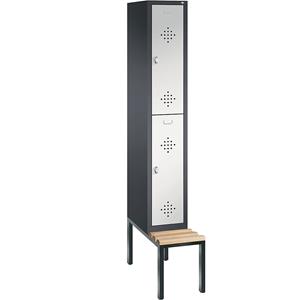C+P CLASSIC Garderobenschrank mit untergebauter Sitzbank, doppelstöckig, 1 Abteil, je 2 Fächer, Abteilbreite 300 mm, schwarzgrau / lichtgrau