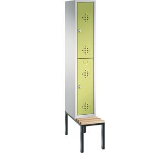 C+P CLASSIC Garderobenschrank mit untergebauter Sitzbank, doppelstöckig, 1 Abteil, je 2 Fächer, Abteilbreite 300 mm, lichtgrau / viridingrün