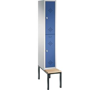 C+P CLASSIC Garderobenschrank mit untergebauter Sitzbank, doppelstöckig, 1 Abteil, je 2 Fächer, Abteilbreite 300 mm, lichtgrau / enzianblau