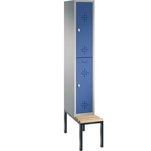 C+P CLASSIC Garderobenschrank mit untergebauter Sitzbank, doppelstöckig, 1 Abteil, je 2 Fächer, Abteilbreite 300 mm, weißaluminium / enzianblau
