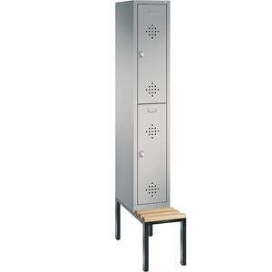 C+P CLASSIC Garderobenschrank mit untergebauter Sitzbank, doppelstöckig, 1 Abteil, je 2 Fächer, Abteilbreite 300 mm, weißaluminium