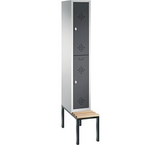 C+P CLASSIC Garderobenschrank mit untergebauter Sitzbank, doppelstöckig, 1 Abteil, je 2 Fächer, Abteilbreite 300 mm, lichtgrau / schwarzgrau