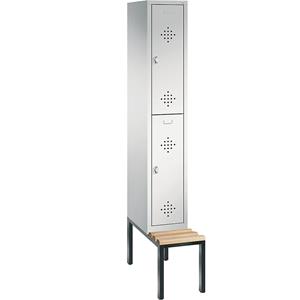 C+P CLASSIC Garderobenschrank mit untergebauter Sitzbank, doppelstöckig, 1 Abteil, je 2 Fächer, Abteilbreite 300 mm, lichtgrau