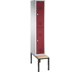 C+P CLASSIC Garderobenschrank mit untergebauter Sitzbank, doppelstöckig, 1 Abteil, je 2 Fächer, Abteilbreite 300 mm, lichtgrau / rubinrot