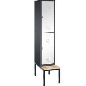 C+P CLASSIC Garderobenschrank mit untergebauter Sitzbank, doppelstöckig, 1 Abteil, je 2 Fächer, Abteilbreite 400 mm, schwarzgrau / verkehrsweiß