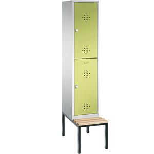 C+P CLASSIC Garderobenschrank mit untergebauter Sitzbank, doppelstöckig, 1 Abteil, je 2 Fächer, Abteilbreite 400 mm, lichtgrau / viridingrün