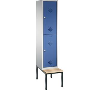 C+P CLASSIC Garderobenschrank mit untergebauter Sitzbank, doppelstöckig, 1 Abteil, je 2 Fächer, Abteilbreite 400 mm, lichtgrau / enzianblau