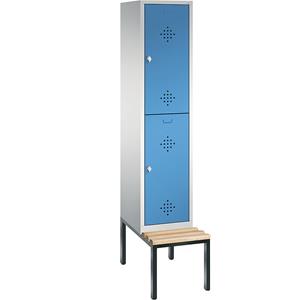 C+P CLASSIC Garderobenschrank mit untergebauter Sitzbank, doppelstöckig, 1 Abteil, je 2 Fächer, Abteilbreite 400 mm, lichtgrau / lichtblau