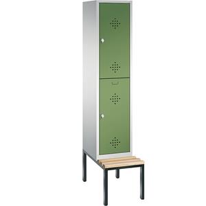 C+P CLASSIC Garderobenschrank mit untergebauter Sitzbank, doppelstöckig, 1 Abteil, je 2 Fächer, Abteilbreite 400 mm, lichtgrau / resedagrün