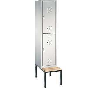 C+P CLASSIC Garderobenschrank mit untergebauter Sitzbank, doppelstöckig, 1 Abteil, je 2 Fächer, Abteilbreite 400 mm, lichtgrau