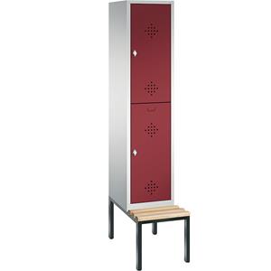 C+P CLASSIC Garderobenschrank mit untergebauter Sitzbank, doppelstöckig, 1 Abteil, je 2 Fächer, Abteilbreite 400 mm, lichtgrau / rubinrot