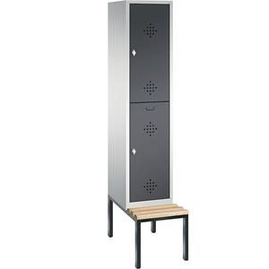 C+P CLASSIC Garderobenschrank mit untergebauter Sitzbank, doppelstöckig, 1 Abteil, je 2 Fächer, Abteilbreite 400 mm, lichtgrau / schwarzgrau