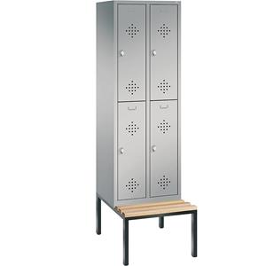 C+P CLASSIC Garderobenschrank mit untergebauter Sitzbank, doppelstöckig, 2 Abteile, je 2 Fächer, Abteilbreite 300 mm, weißaluminium