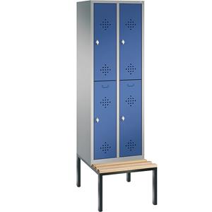 C+P CLASSIC Garderobenschrank mit untergebauter Sitzbank, doppelstöckig, 2 Abteile, je 2 Fächer, Abteilbreite 300 mm, weißaluminium / enzianblau