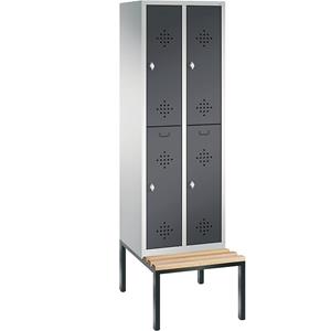 C+P CLASSIC Garderobenschrank mit untergebauter Sitzbank, doppelstöckig, 2 Abteile, je 2 Fächer, Abteilbreite 300 mm, lichtgrau / schwarzgrau
