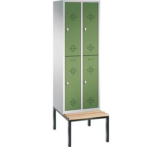 C+P CLASSIC Garderobenschrank mit untergebauter Sitzbank, doppelstöckig, 2 Abteile, je 2 Fächer, Abteilbreite 300 mm, lichtgrau / resedagrün