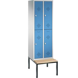 C+P CLASSIC Garderobenschrank mit untergebauter Sitzbank, doppelstöckig, 2 Abteile, je 2 Fächer, Abteilbreite 300 mm, lichtgrau / lichtblau