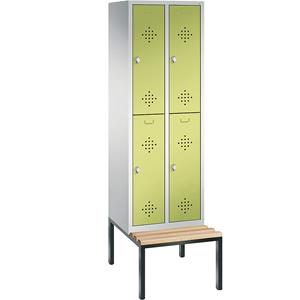 C+P CLASSIC Garderobenschrank mit untergebauter Sitzbank, doppelstöckig, 2 Abteile, je 2 Fächer, Abteilbreite 300 mm, lichtgrau / viridingrün