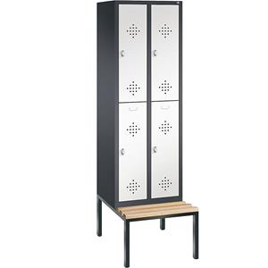 C+P CLASSIC Garderobenschrank mit untergebauter Sitzbank, doppelstöckig, 2 Abteile, je 2 Fächer, Abteilbreite 300 mm, schwarzgrau / verkehrsweiß