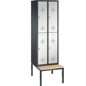C+P CLASSIC Garderobenschrank mit untergebauter Sitzbank, doppelstöckig, 2 Abteile, je 2 Fächer, Abteilbreite 300 mm, schwarzgrau / lichtgrau