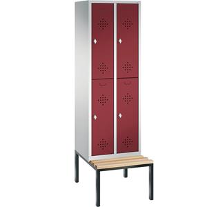 C+P CLASSIC Garderobenschrank mit untergebauter Sitzbank, doppelstöckig, 2 Abteile, je 2 Fächer, Abteilbreite 300 mm, lichtgrau / rubinrot