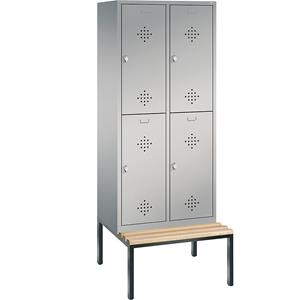 C+P CLASSIC Garderobenschrank mit untergebauter Sitzbank, doppelstöckig, 2 Abteile, je 2 Fächer, Abteilbreite 400 mm, weißaluminium