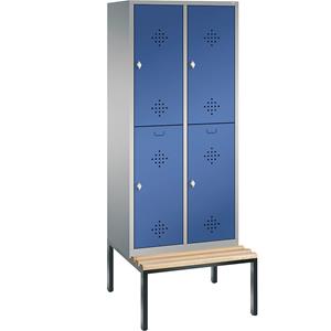 C+P CLASSIC Garderobenschrank mit untergebauter Sitzbank, doppelstöckig, 2 Abteile, je 2 Fächer, Abteilbreite 400 mm, weißaluminium / enzianblau