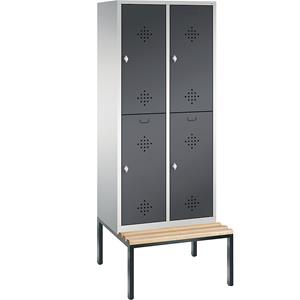 C+P CLASSIC Garderobenschrank mit untergebauter Sitzbank, doppelstöckig, 2 Abteile, je 2 Fächer, Abteilbreite 400 mm, lichtgrau / schwarzgrau