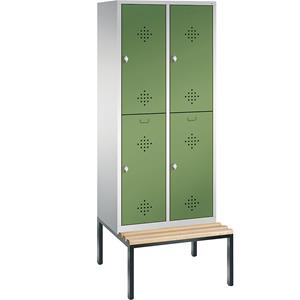 C+P CLASSIC Garderobenschrank mit untergebauter Sitzbank, doppelstöckig, 2 Abteile, je 2 Fächer, Abteilbreite 400 mm, lichtgrau / resedagrün