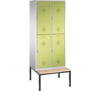 C+P CLASSIC Garderobenschrank mit untergebauter Sitzbank, doppelstöckig, 2 Abteile, je 2 Fächer, Abteilbreite 400 mm, lichtgrau / viridingrün