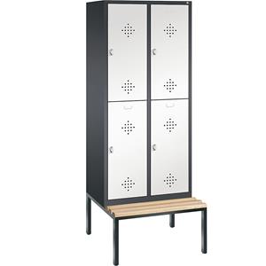 C+P CLASSIC Garderobenschrank mit untergebauter Sitzbank, doppelstöckig, 2 Abteile, je 2 Fächer, Abteilbreite 400 mm, schwarzgrau / verkehrsweiß