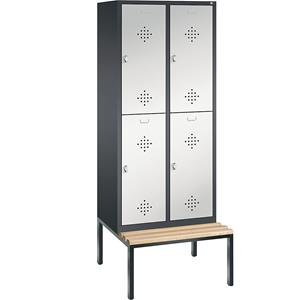 C+P CLASSIC Garderobenschrank mit untergebauter Sitzbank, doppelstöckig, 2 Abteile, je 2 Fächer, Abteilbreite 400 mm, schwarzgrau / lichtgrau